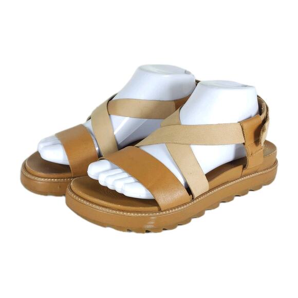 Sorel Women's Grooming US8,5 Tan Leather Criss Cross Platform Slingback Sandals - Picture 1 of 16